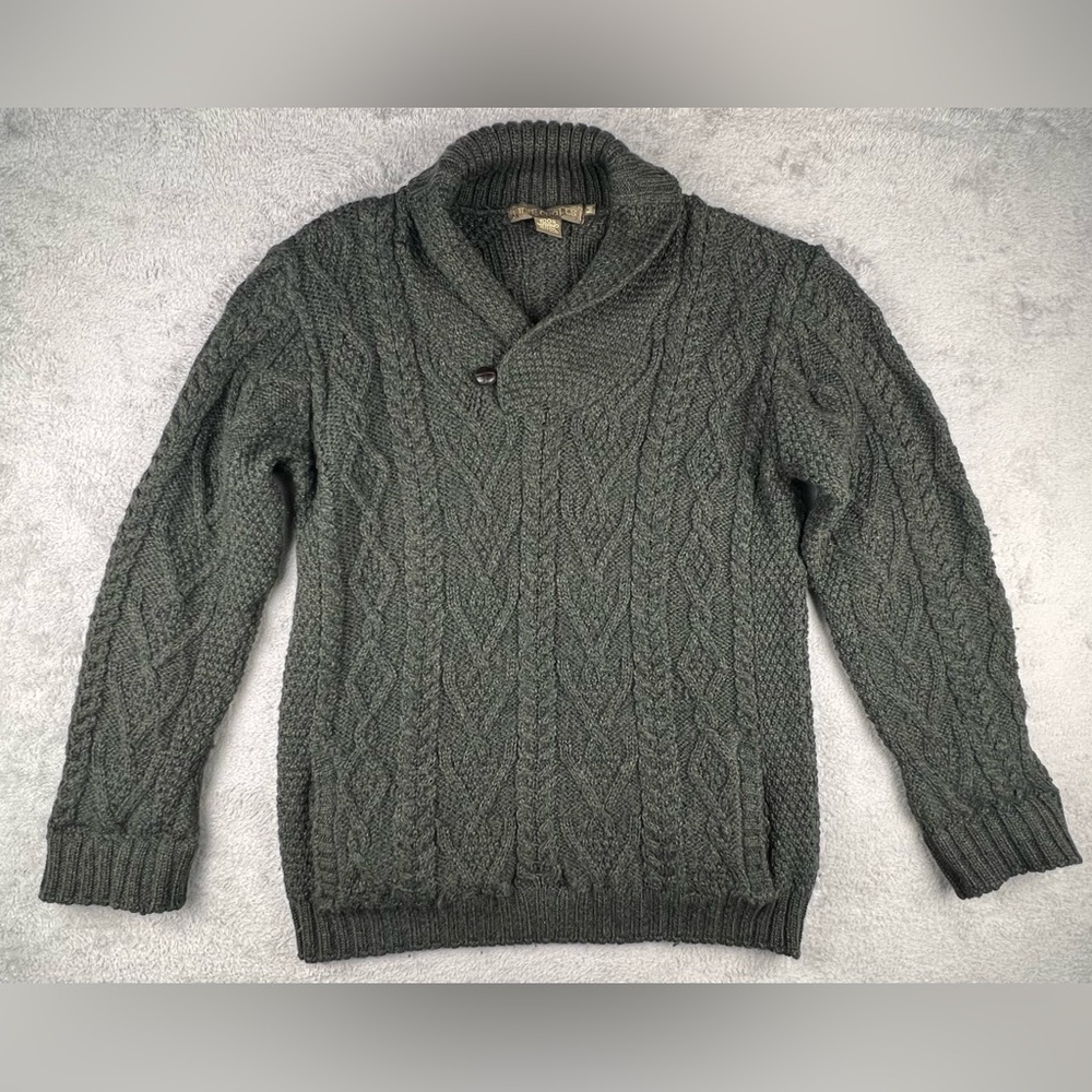 Inis Crafts Merino Wool Shawl Neck Cable Knit Sweater Womens Size Medium Green